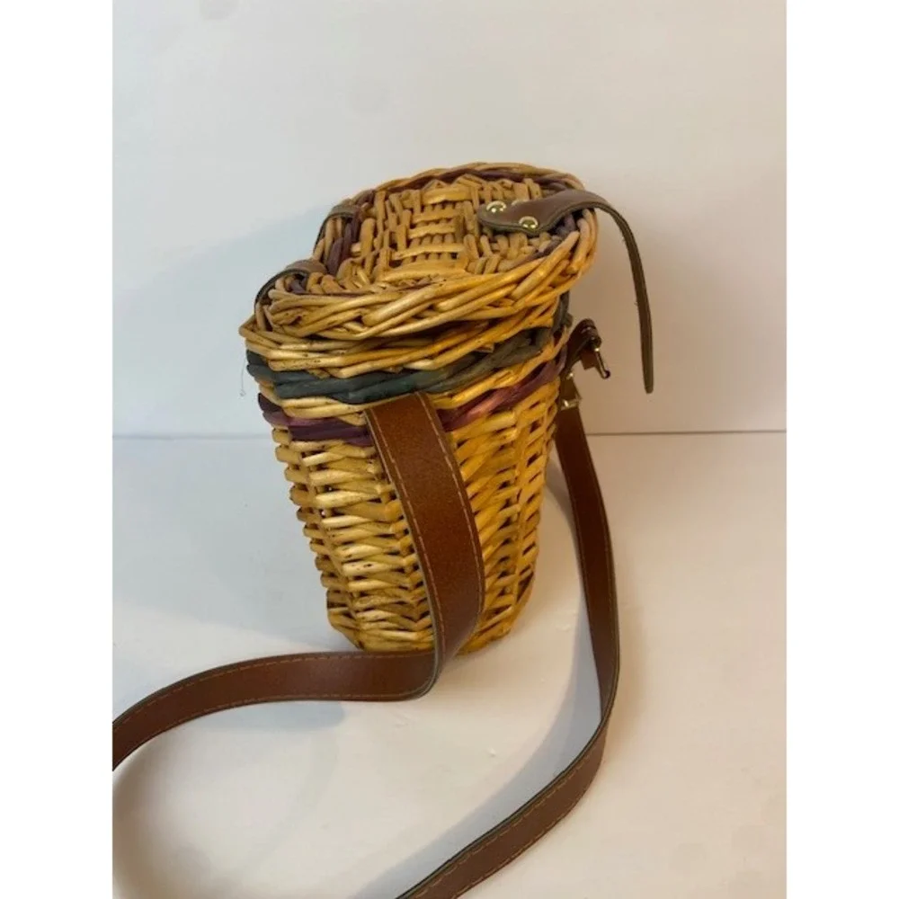 Vintage Wicker Basket Crossbody Bag Woven Picnic Purse Green Purple Accents